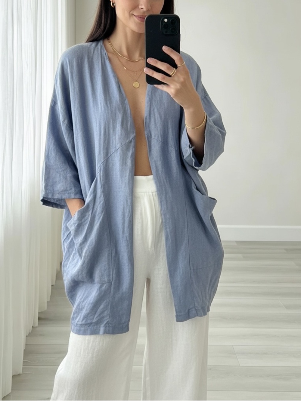 Made in Italy 100% Linen Open Front Cardigan Jacket Dusty Blue